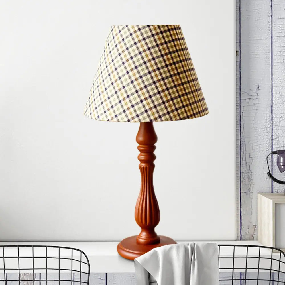 Barrel Shape Desk Lamp - Beige/Tan/Dark Blue Traditional Fabric Bedroom Reading Light With Wood Base