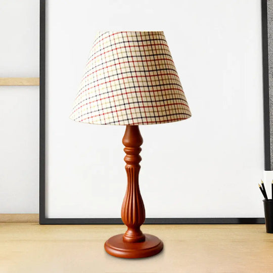 Barrel Shape Desk Lamp - Beige/Tan/Dark Blue Traditional Fabric Bedroom Reading Light With Wood Base