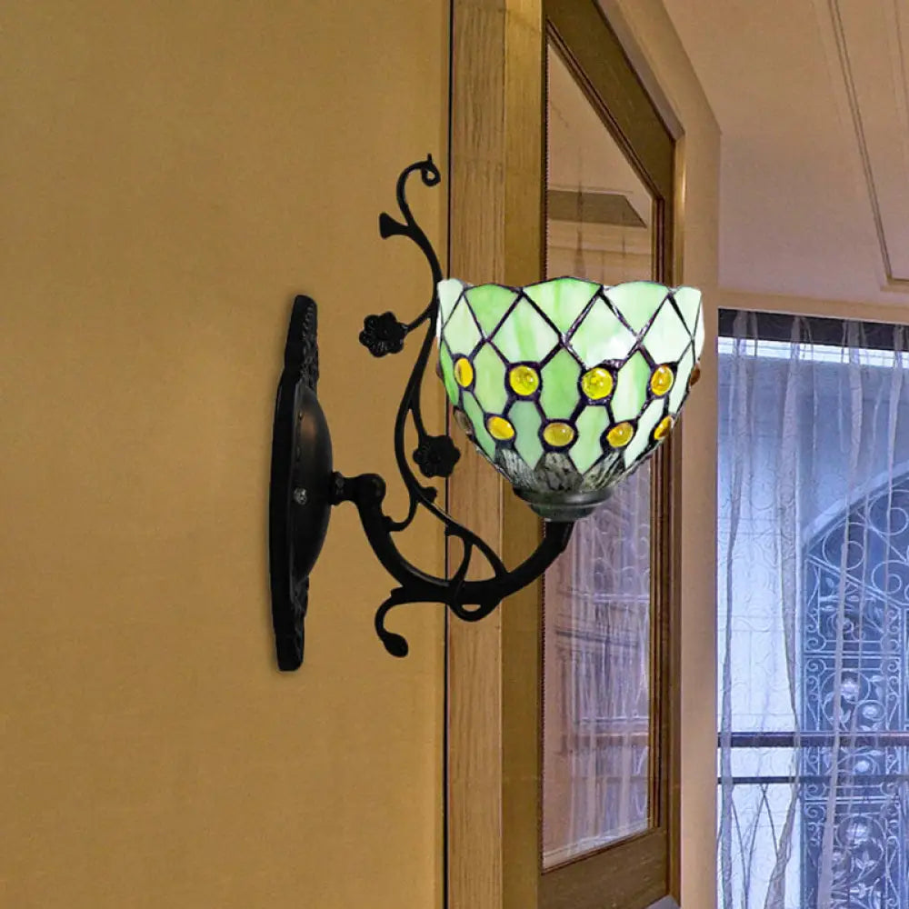 Beaded Stained Glass Bowl Wall Mount Light - 1 Mini Lighting Green