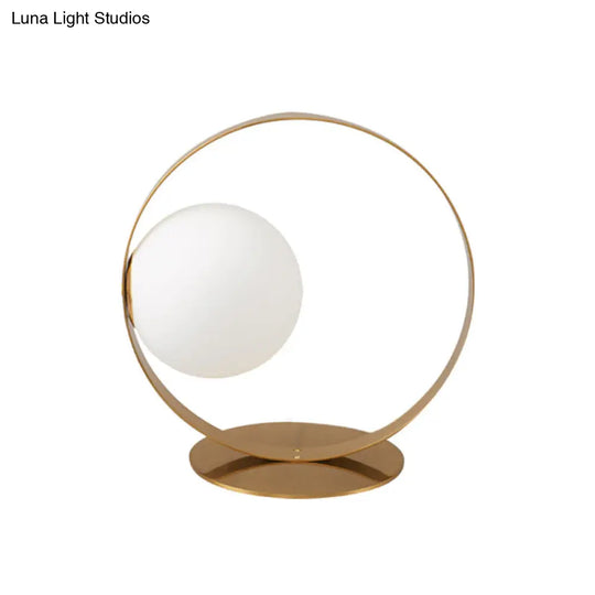 Gold Ring Table Lamp - Postmodern Iron Nightstand Light With Opaline Glass Shade