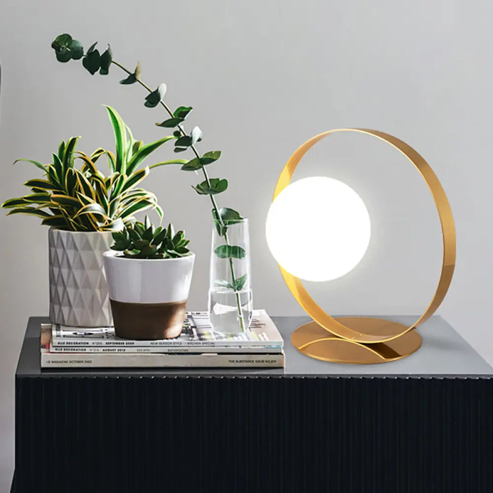 Beatrice - Gold Ring Table Lamp Postmodern 1 Bulb Iron Nightstand Light With Ball Opaline Glass