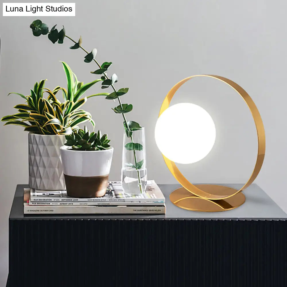 Gold Ring Table Lamp - Postmodern Iron Nightstand Light With Opaline Glass Shade