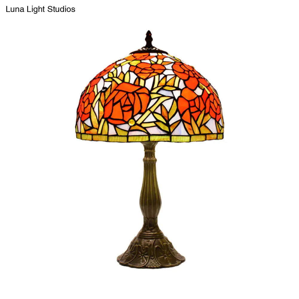 Tiffany Handcrafted Peony Blossom Table Light: Pink/Orange Glass Bronze Night Lamp