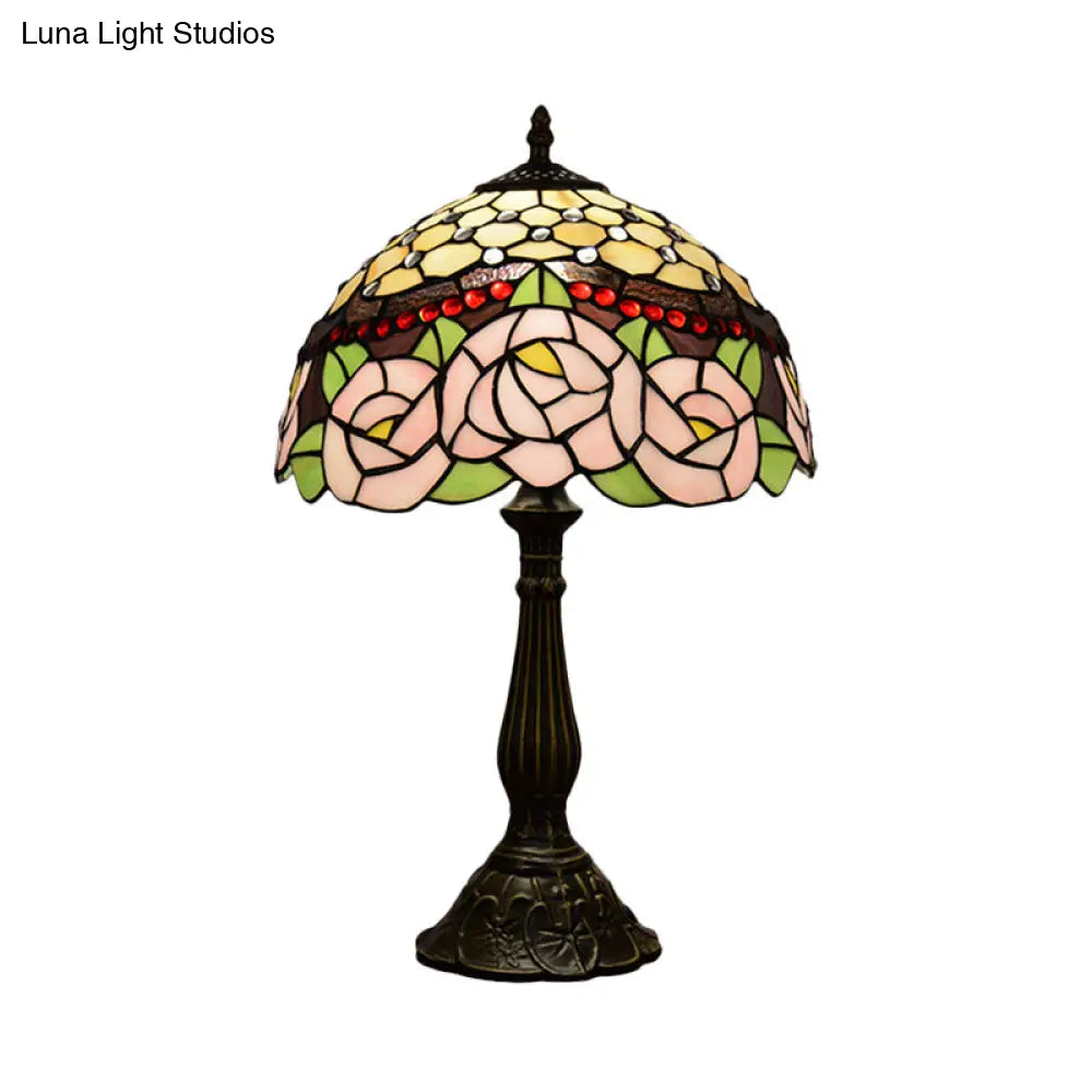 Tiffany Handcrafted Peony Blossom Table Light: Pink/Orange Glass Bronze Night Lamp