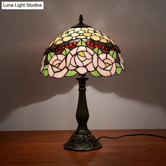 Tiffany Handcrafted Peony Blossom Table Light: Pink/Orange Glass Bronze Night Lamp Pink