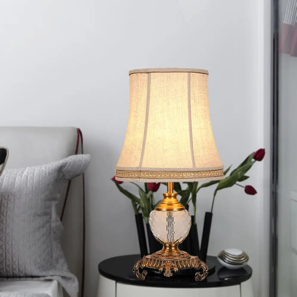 Bedroom Crystal Nightstand Light: Tapered Beige Table Lamp With Braided Trim