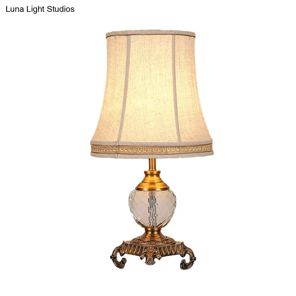 Bedroom Crystal Nightstand Light: Tapered Beige Table Lamp With Braided Trim