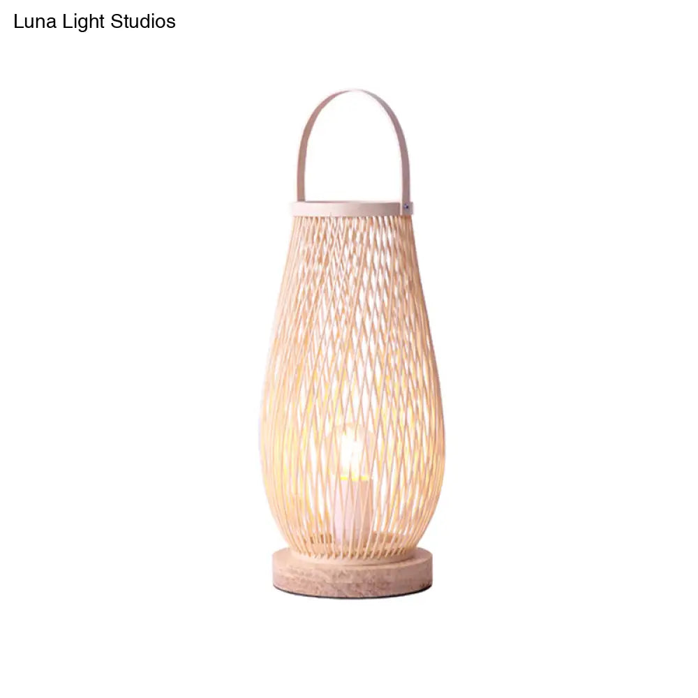 Bedroom Table Lamp - Asian Style Single Bulb With Beige Curved Handle Basket Bamboo Shade