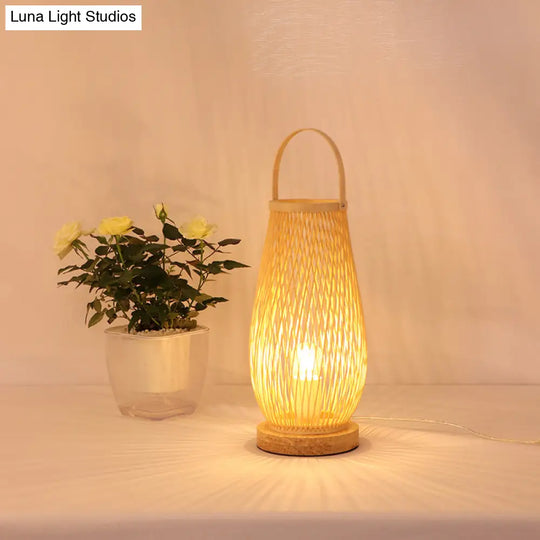 Bedroom Table Lamp - Asian Style Single Bulb With Beige Curved Handle Basket Bamboo Shade