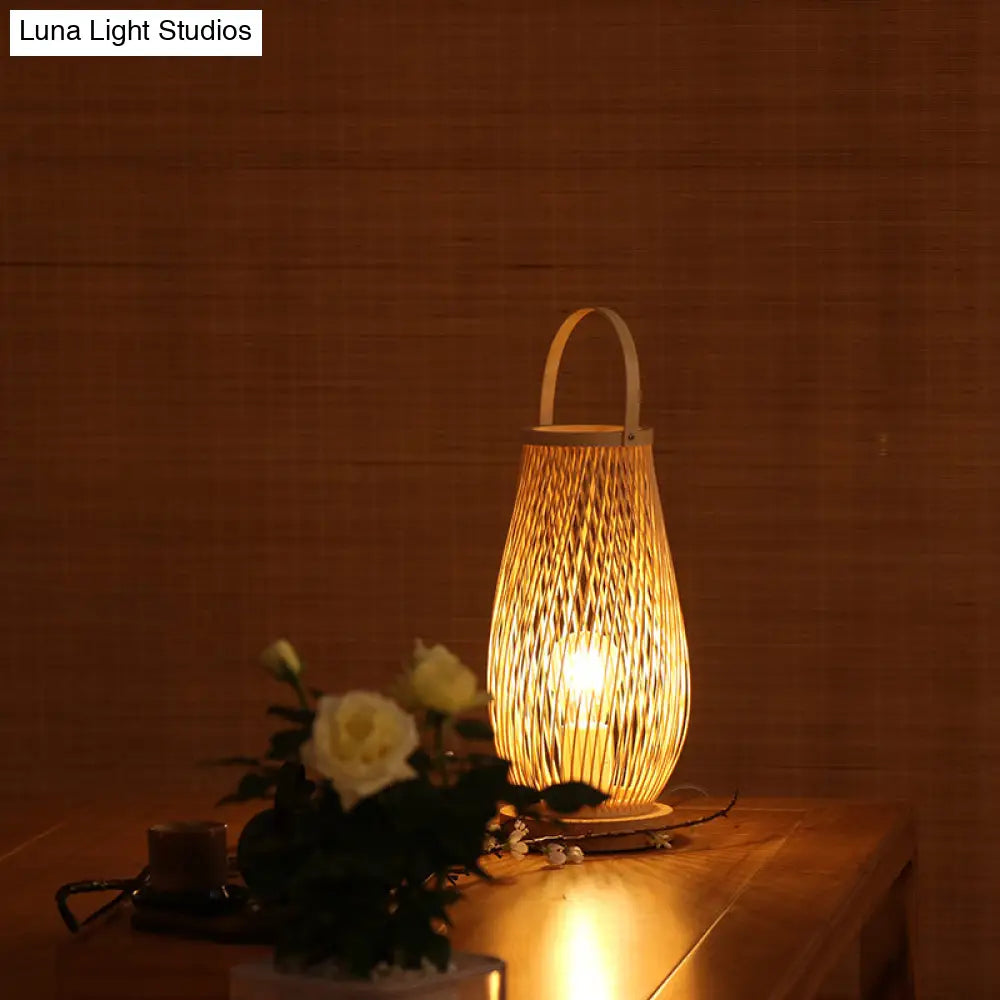 Bedroom Table Lamp - Asian Style Single Bulb With Beige Curved Handle Basket Bamboo Shade