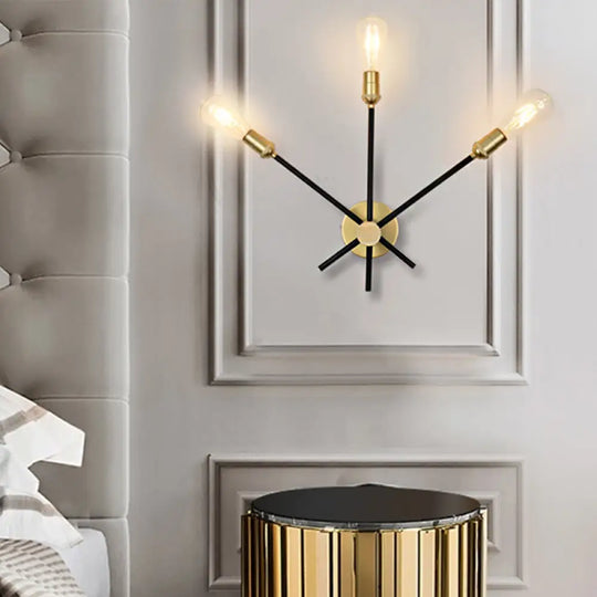 Bedroom Wall Lamp: Black-Gold Wrought Iron Sconce Light With Exposed Bulbs 3 /