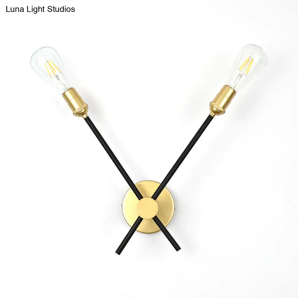 Bedroom Wall Lamp: Black-Gold Wrought Iron Sconce Light With Exposed Bulbs