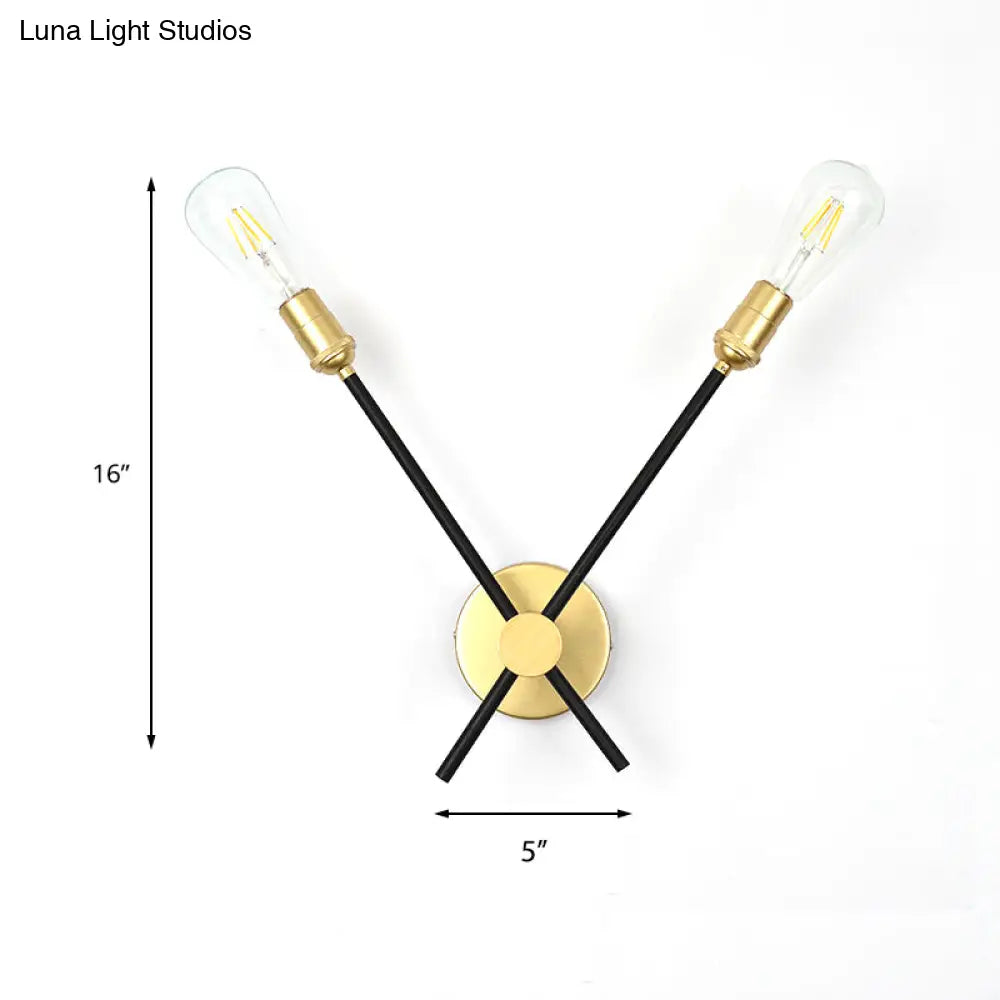 Bedroom Wall Lamp: Black-Gold Wrought Iron Sconce Light With Exposed Bulbs