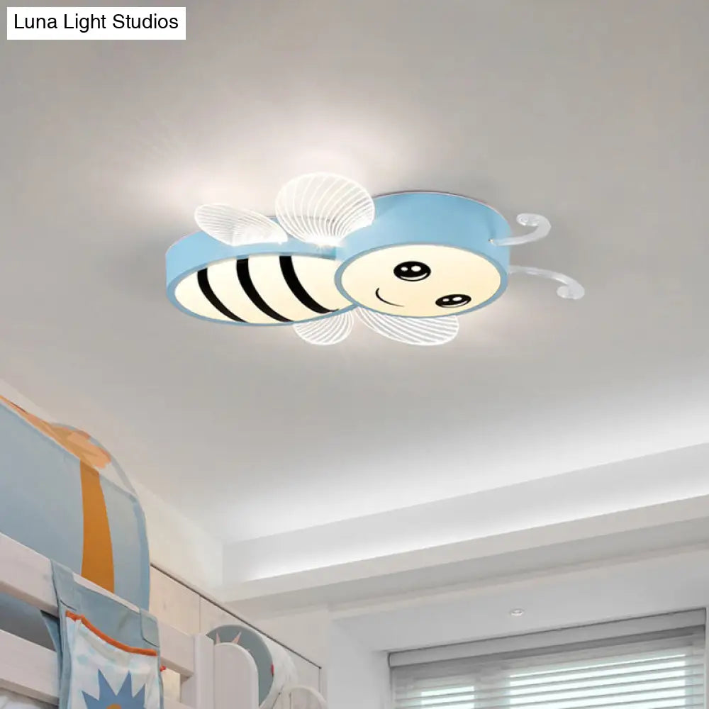 Bee Flush Mount Led Ceiling Lamp For Kids Bedroom - Pink/Yellow/Blue Plastic Fixture