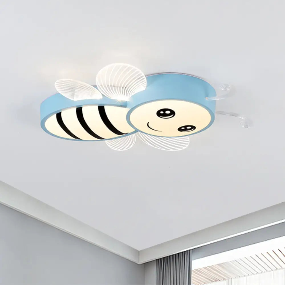 Bee Flush Mount Led Ceiling Lamp For Kids’ Bedroom - Pink/Yellow/Blue Plastic Fixture Blue