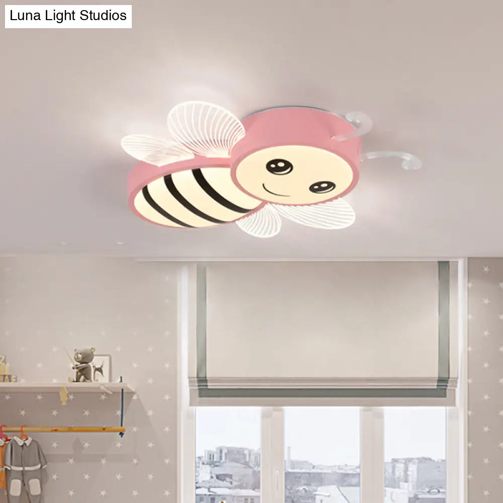 Bee Flush Mount Led Ceiling Lamp For Kids’ Bedroom - Pink/Yellow/Blue Plastic Fixture