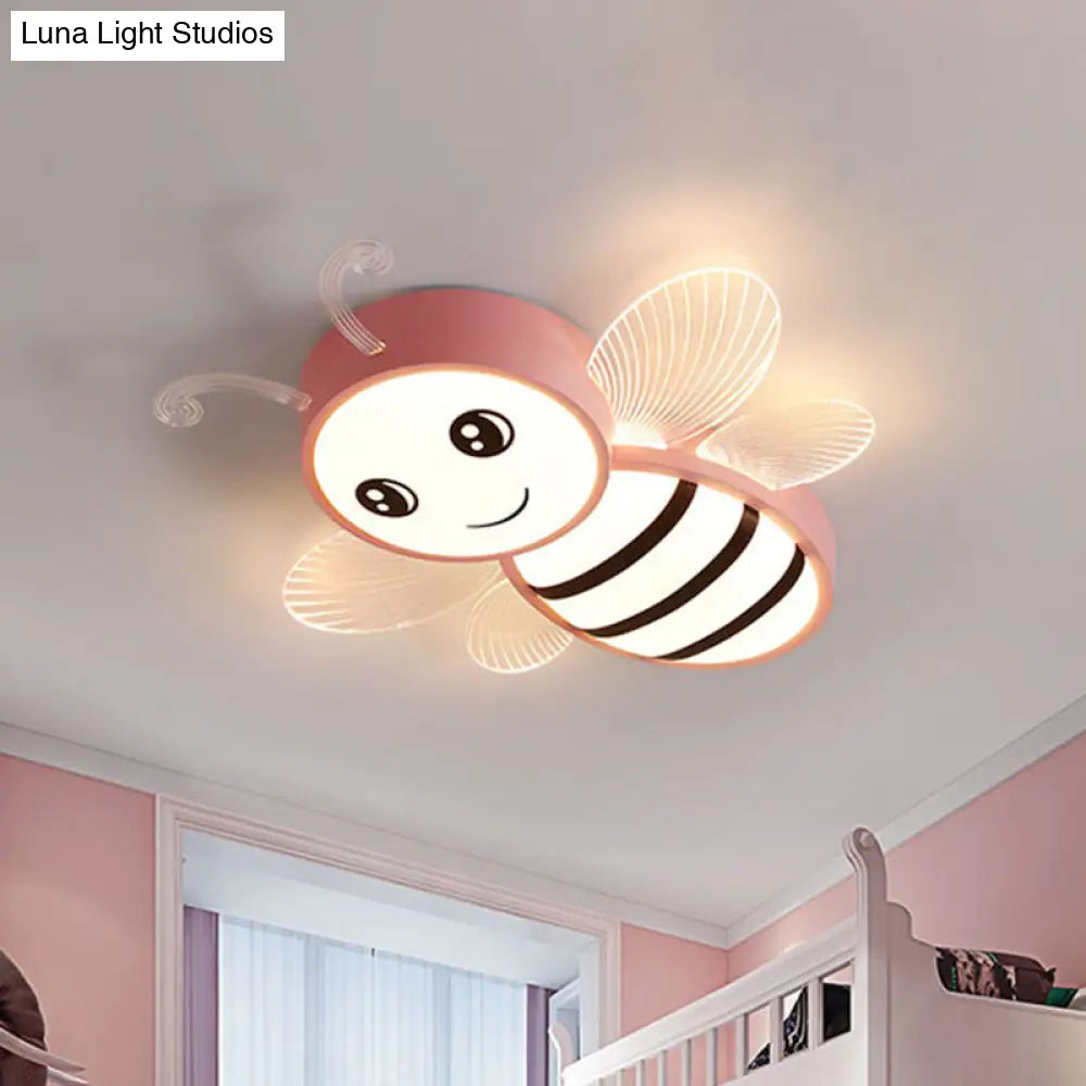 Bee Flush Mount Led Ceiling Lamp For Kids Bedroom - Pink/Yellow/Blue Plastic Fixture Pink