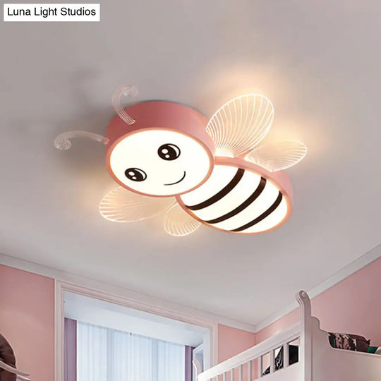 Bee Flush Mount Led Ceiling Lamp For Kids Bedroom - Pink/Yellow/Blue Plastic Fixture Pink