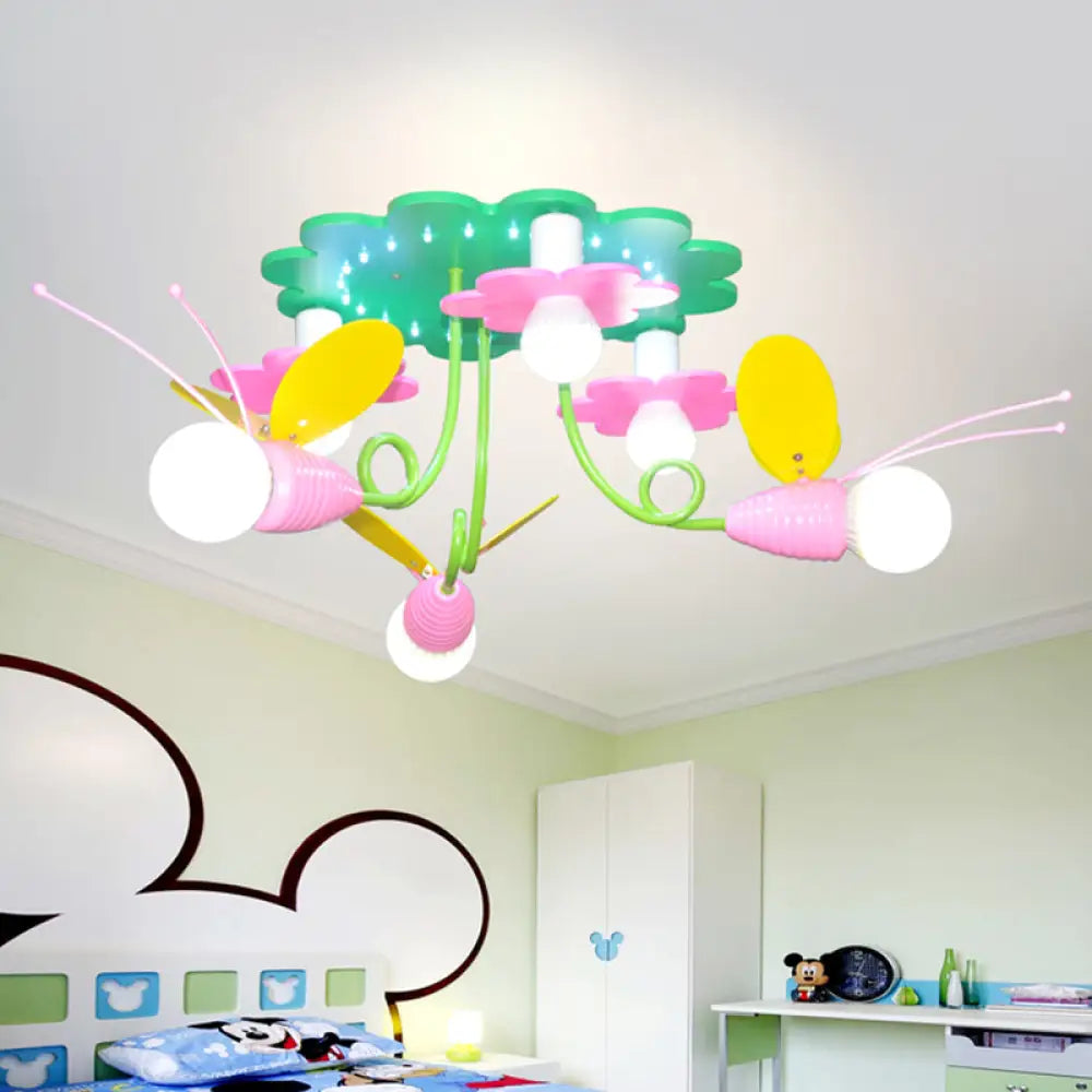 Bee-Inspired Wood Semi Flush Ceiling Lamp With 6 Green And Pink Cartoon-Style Heads Green-Pink