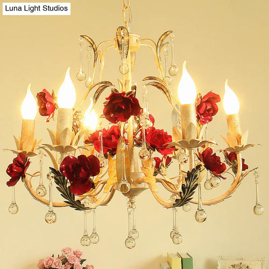 Beige 6-Light Chandelier Lamp: Korean Garden Hanging Pendant Light With Crystal Decor