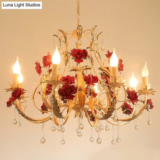 Beige 6-Light Chandelier Lamp: Korean Garden Hanging Pendant Light With Crystal Decor