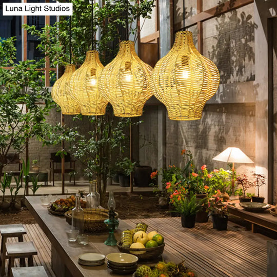 Beige Asian Bamboo Lantern Pendant Ceiling Light For Tearoom