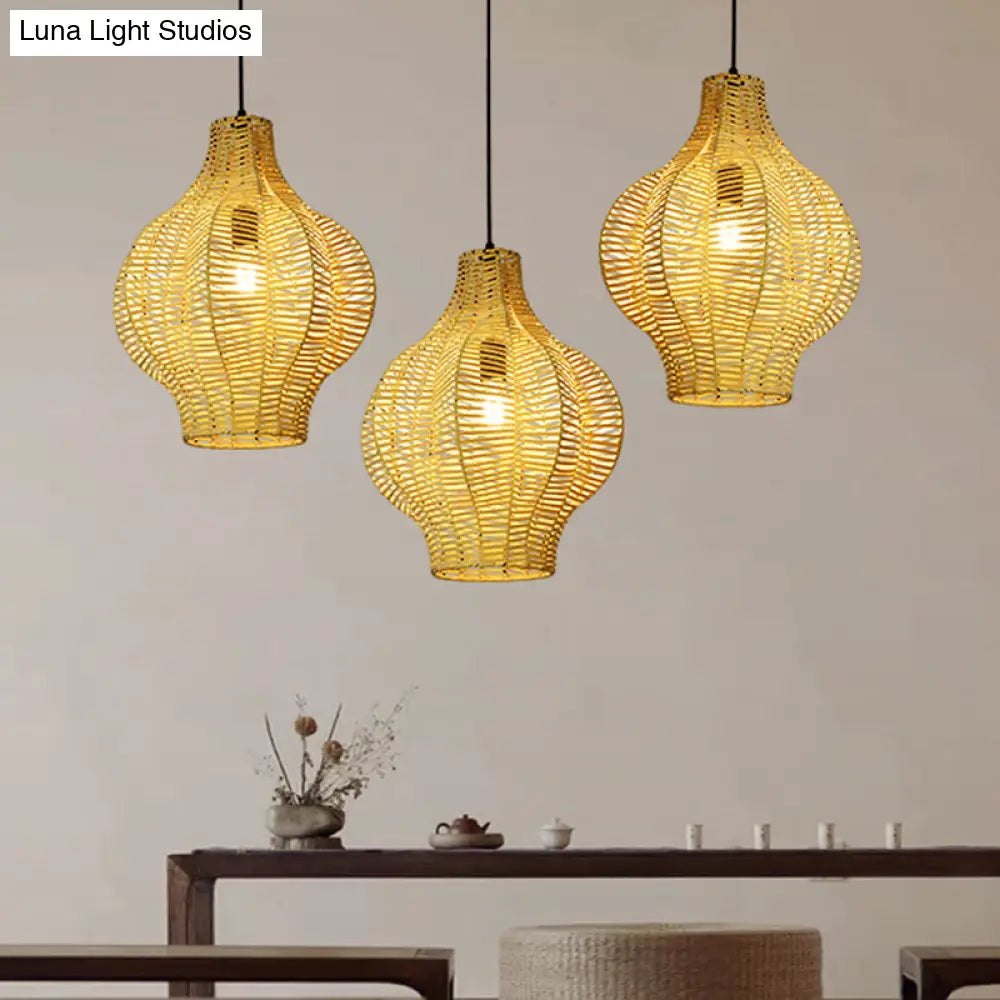 Beige Asian Bamboo Lantern Pendant Ceiling Light For Tearoom