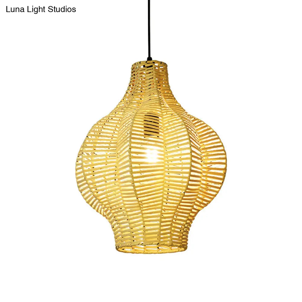 Beige Asian Bamboo Lantern Pendant Ceiling Light For Tearoom