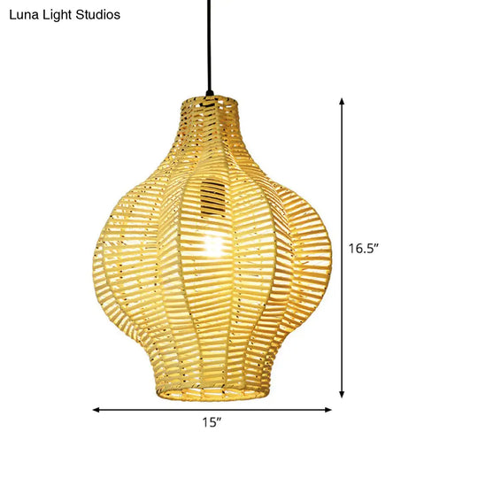 Beige Asian Bamboo Lantern Pendant Ceiling Light For Tearoom