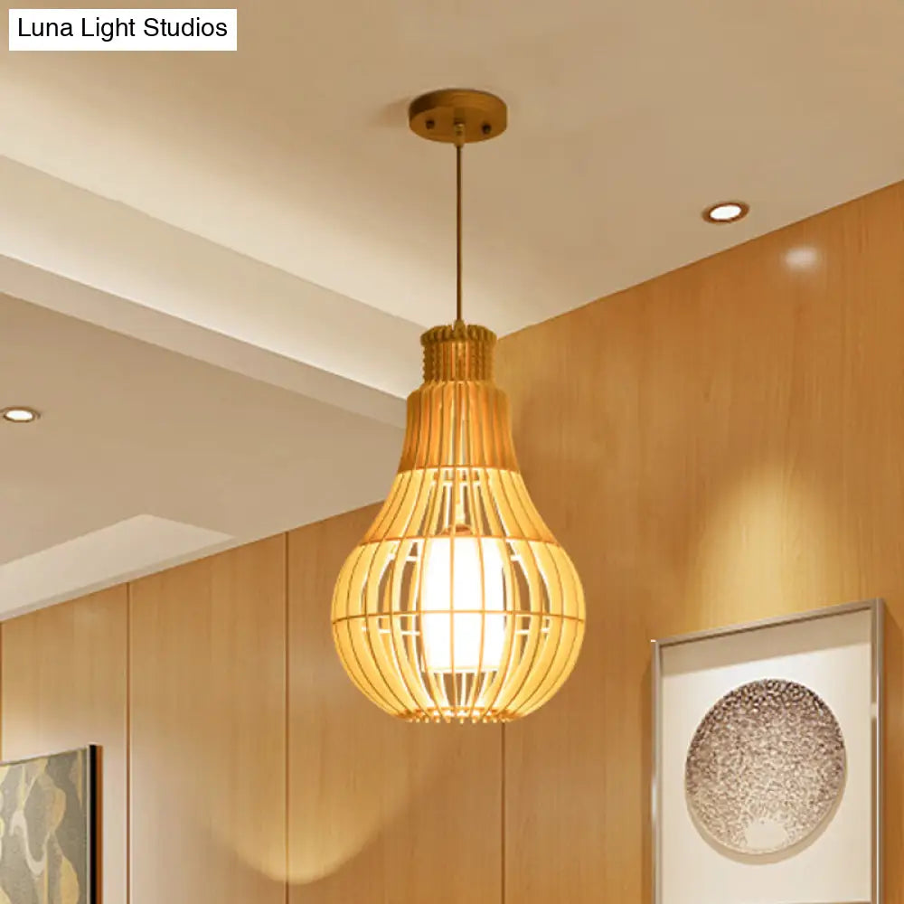 Beige Asian Droplet Ceiling Suspension Lamp: Wooden Pendant With Fabric Shade - 1 Bulb