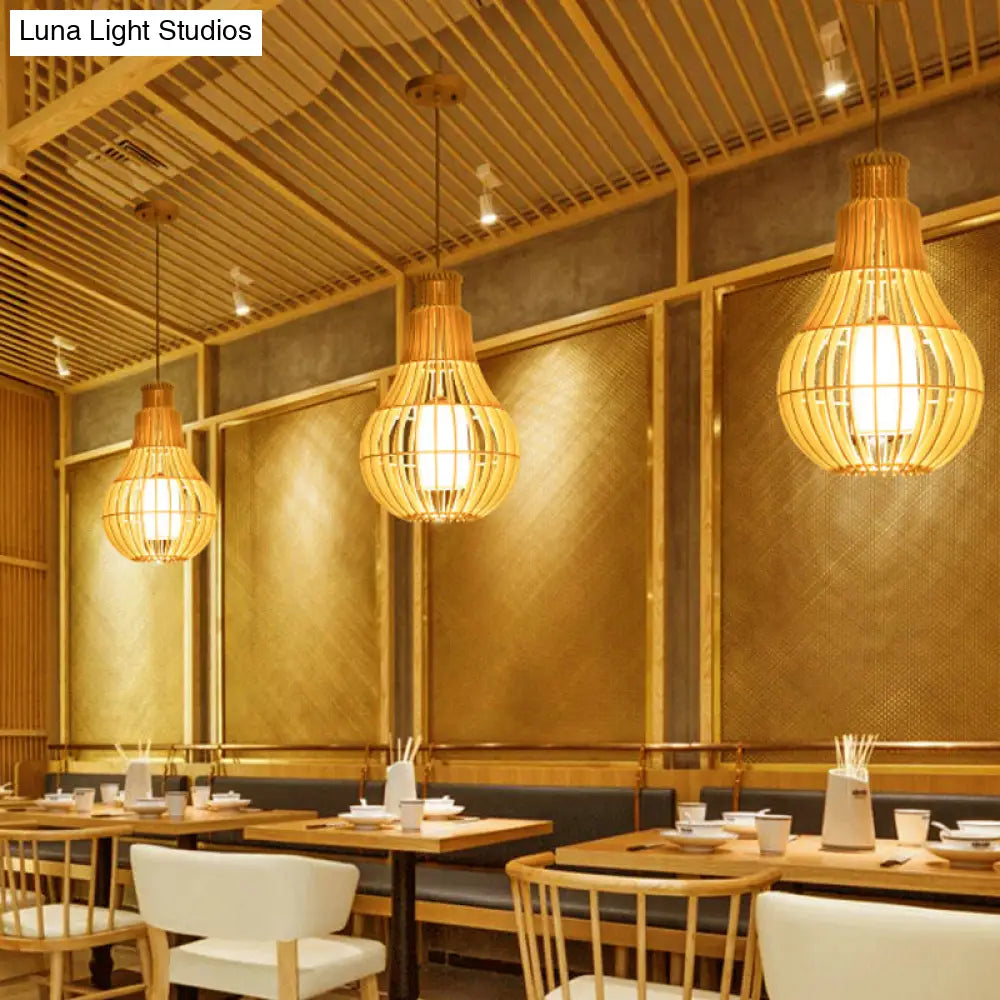 Beige Asian Droplet Ceiling Suspension Lamp: Wooden Pendant With Fabric Shade - 1 Bulb