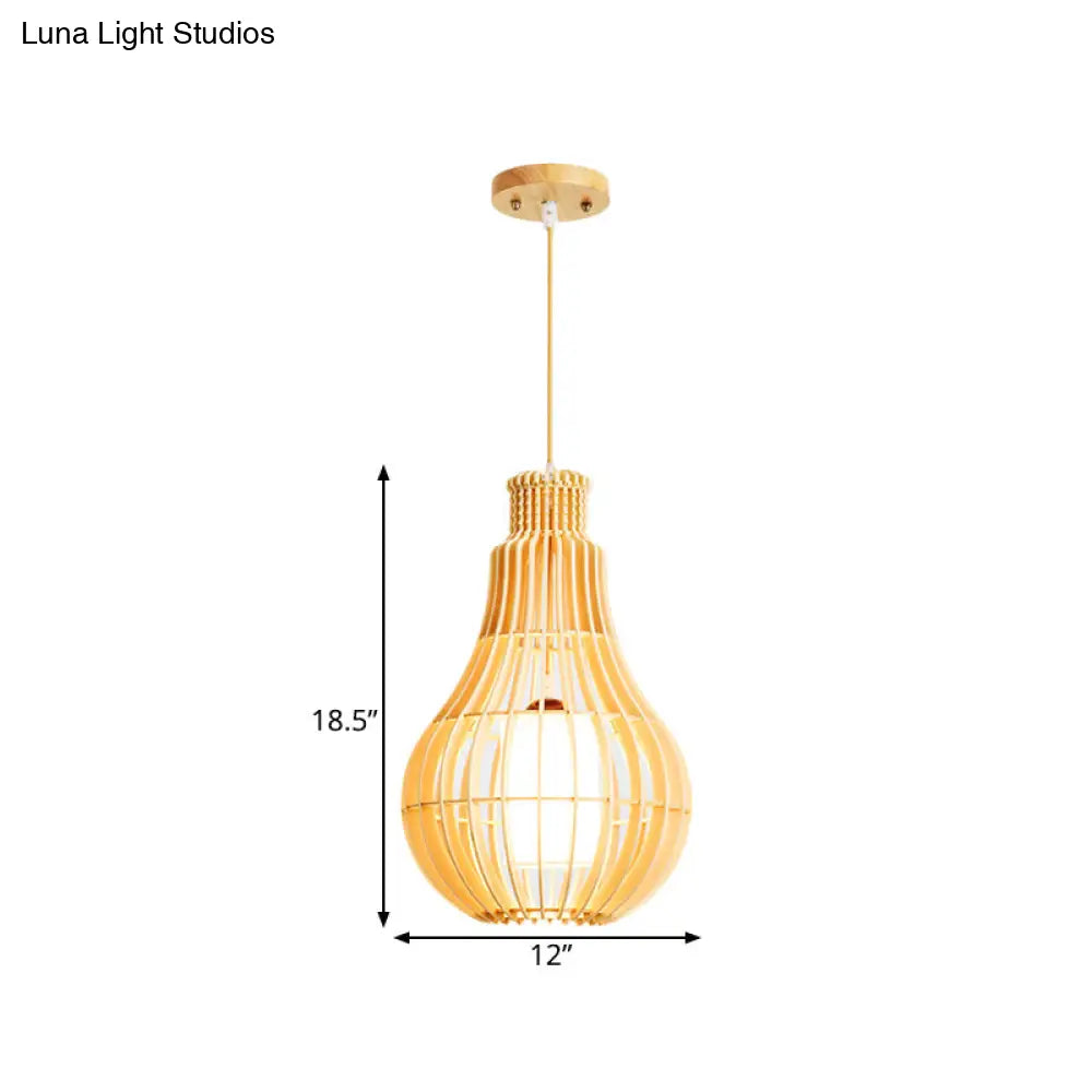 Beige Asian Droplet Ceiling Suspension Lamp: Wooden Pendant With Fabric Shade - 1 Bulb