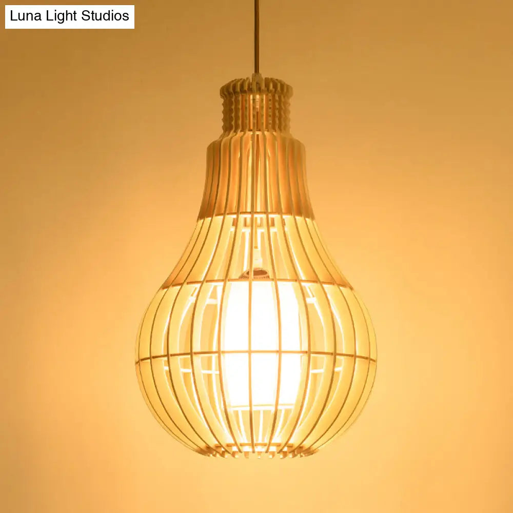 Beige Asian Droplet Ceiling Suspension Lamp: Wooden Pendant With Fabric Shade - 1 Bulb