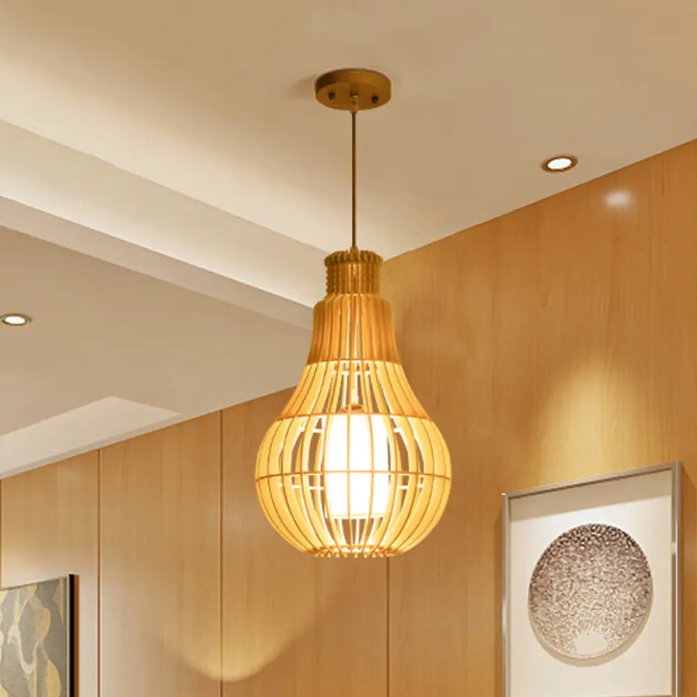 Beige Asian Droplet Ceiling Suspension Lamp: Wooden Pendant With Fabric Shade - 1 Bulb