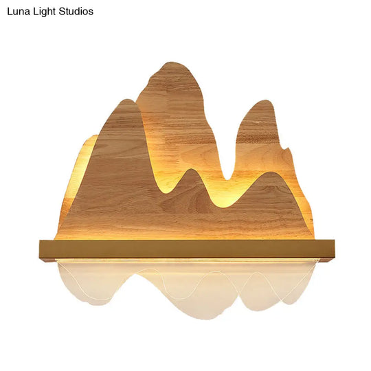 Beige Asian Mountain Wooden Mural Light Fixture - Led Wall Mount Lighting For Sitting Room