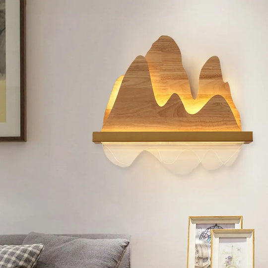 Beige Asian Mountain Wooden Mural Light Fixture - Led Wall Mount Lighting For Sitting Room Wood