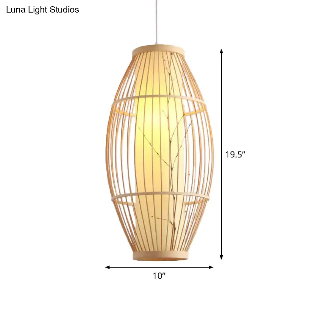 Bamboo Shade Asian Pendant Light Fixture - Beige Oval Ceiling Lamp 3 Sizes Available