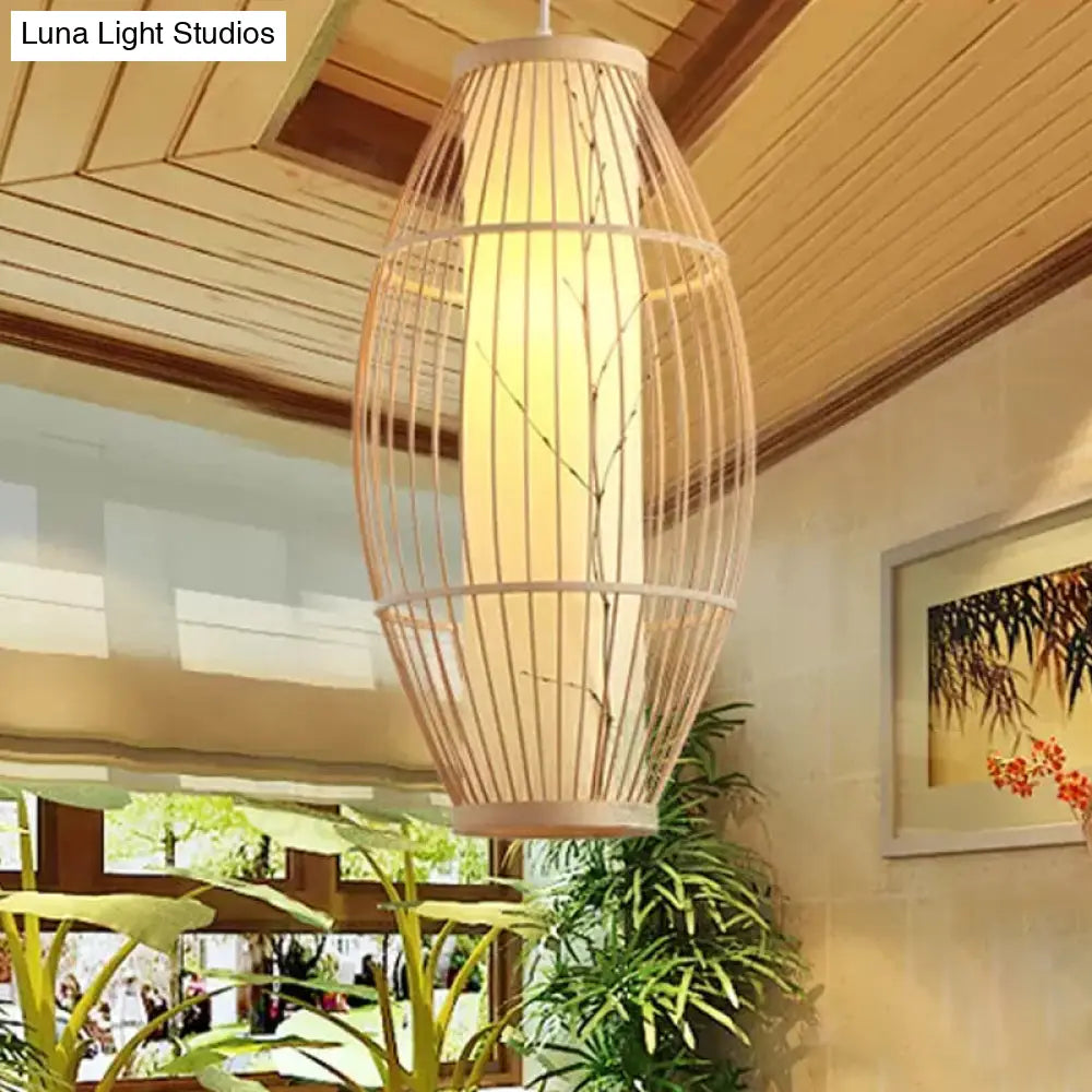 Beige Asian Pendant Light Fixture With Bamboo Shade - 14’/19.5’/31.5’ Wide