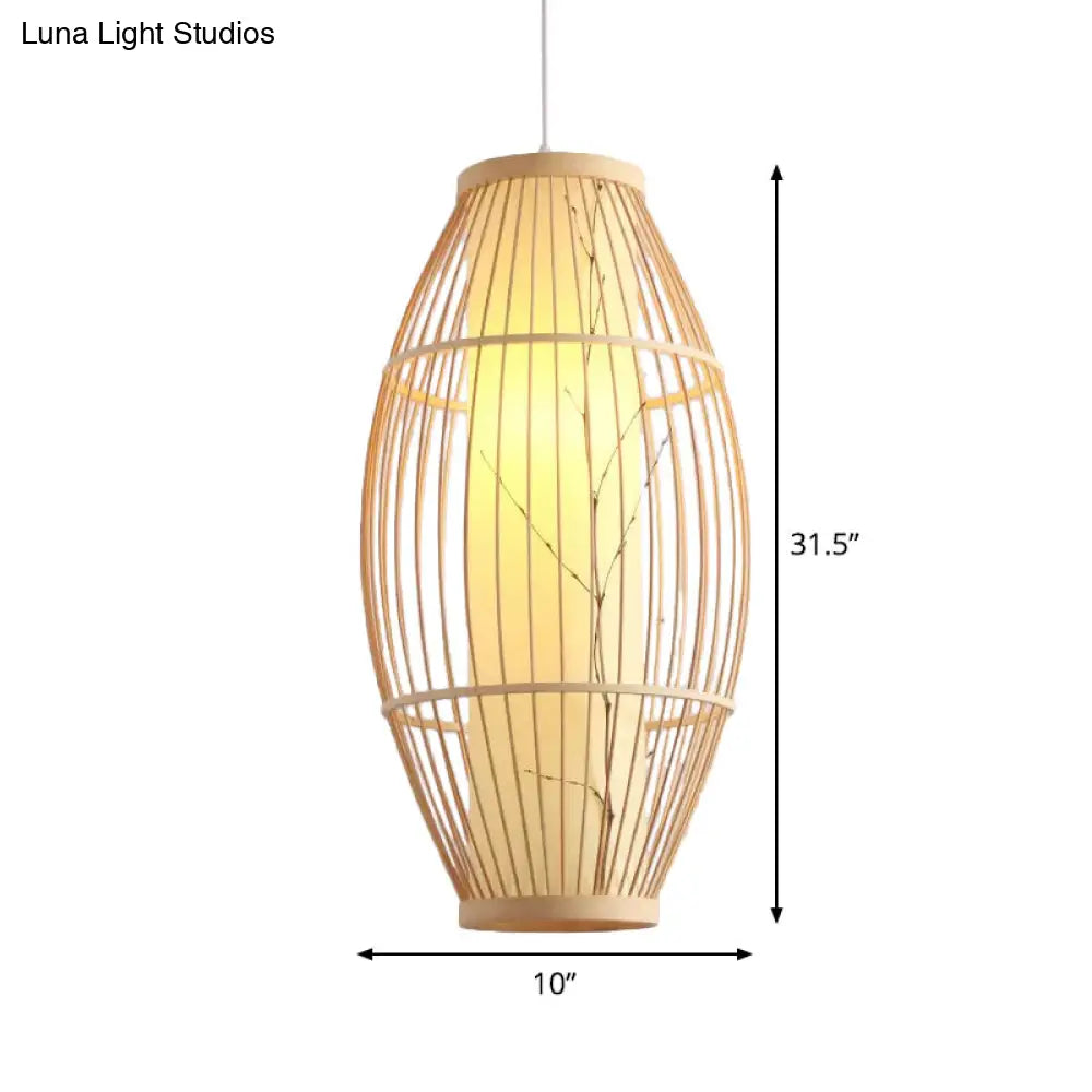 Bamboo Shade Asian Pendant Light Fixture - Beige Oval Ceiling Lamp 3 Sizes Available