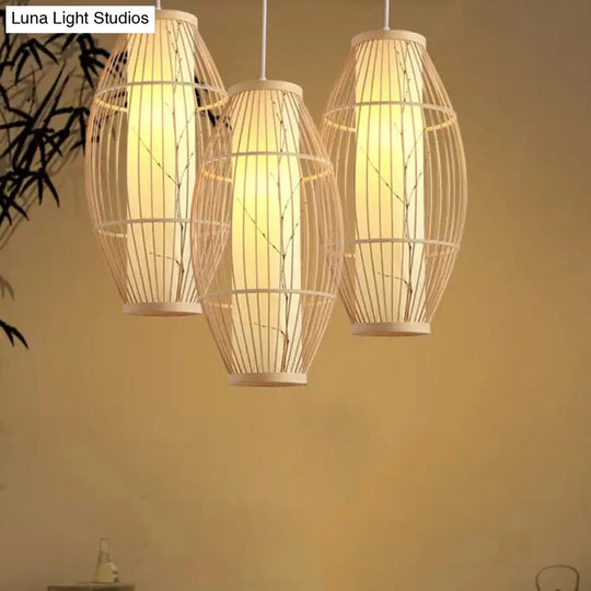 Bamboo Shade Asian Pendant Light Fixture - Beige Oval Ceiling Lamp 3 Sizes Available / 14