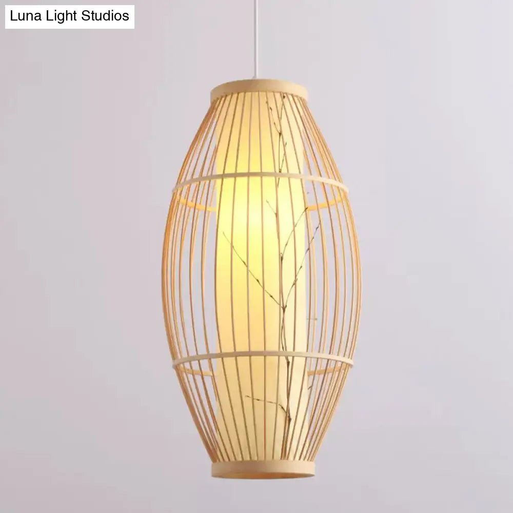 Beige Asian Pendant Light Fixture With Bamboo Shade - 14’/19.5’/31.5’ Wide