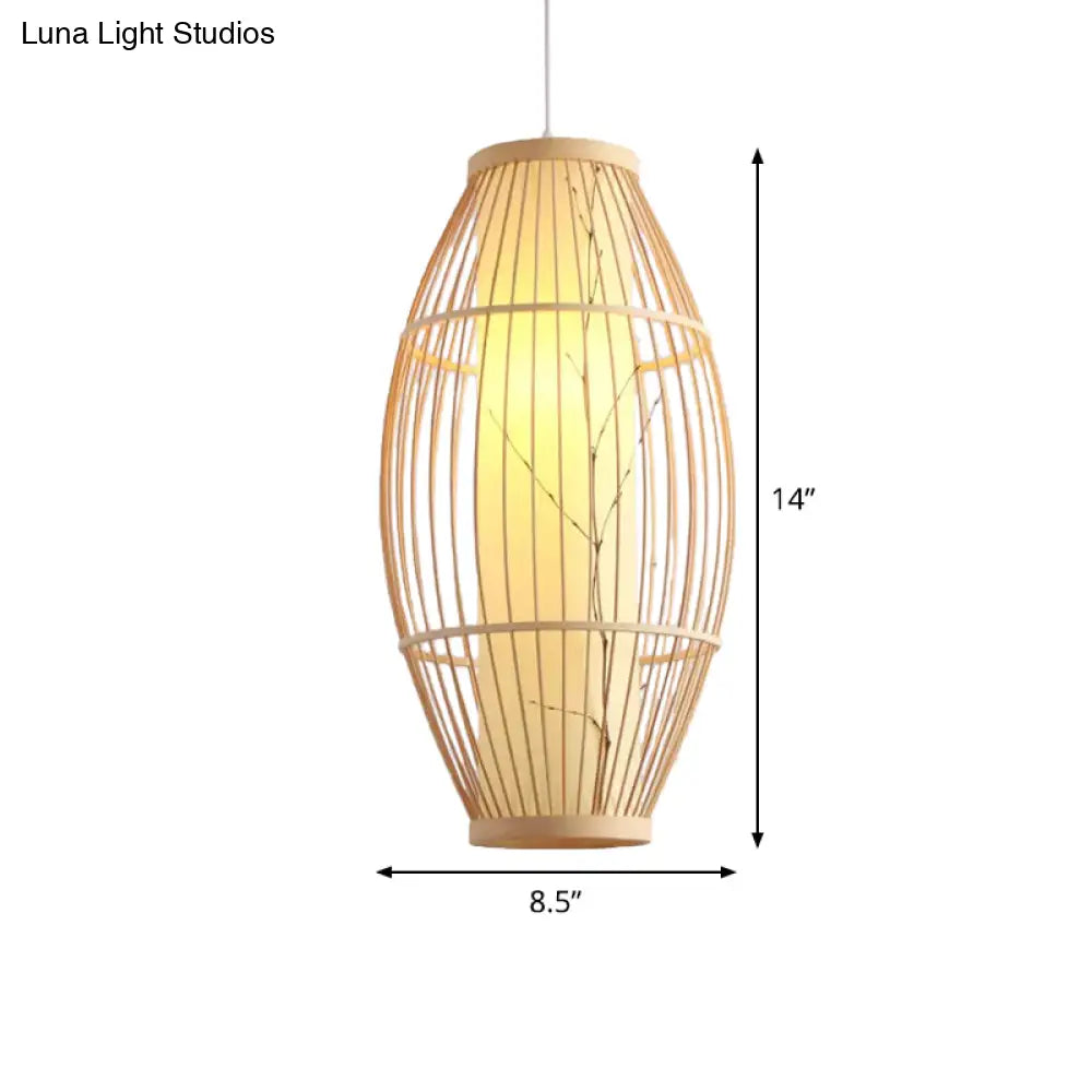 Beige Asian Pendant Light Fixture With Bamboo Shade - 14’/19.5’/31.5’ Wide