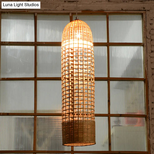 Beige Bamboo Asian Pendant Lamp - Cylinder Hanging Ceiling Light