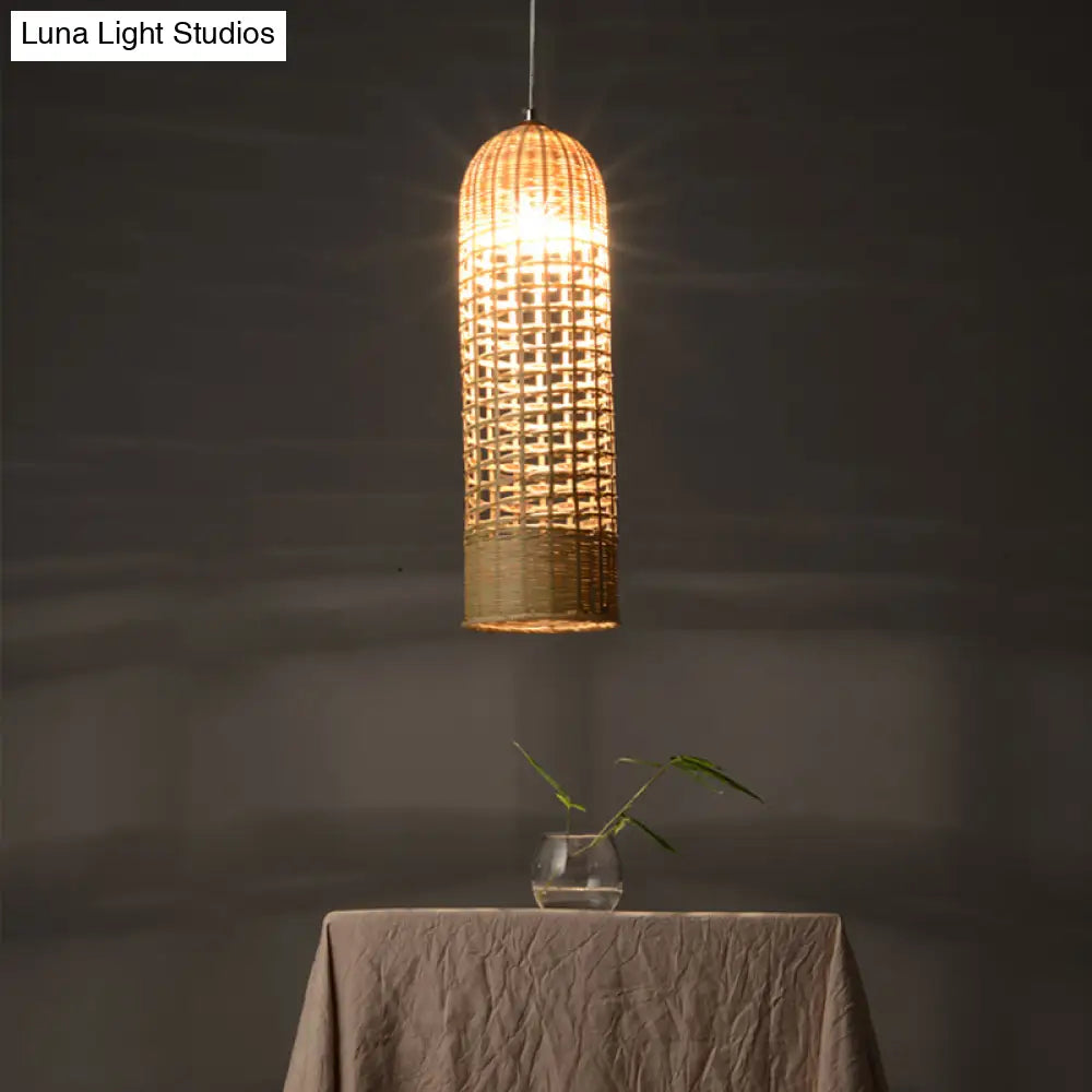 Beige Bamboo Asian Pendant Lamp - Cylinder Hanging Ceiling Light