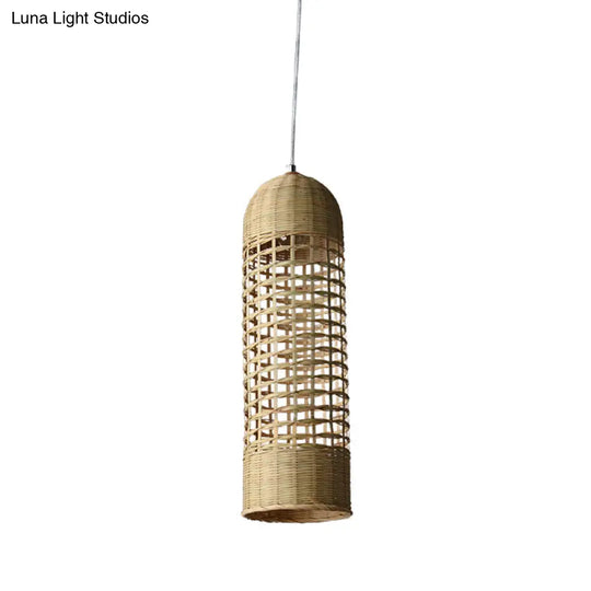 Beige Bamboo Asian Pendant Lamp - Cylinder Hanging Ceiling Light