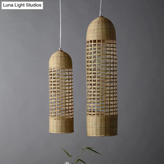 Beige Bamboo Asian Pendant Lamp - Cylinder Hanging Ceiling Light