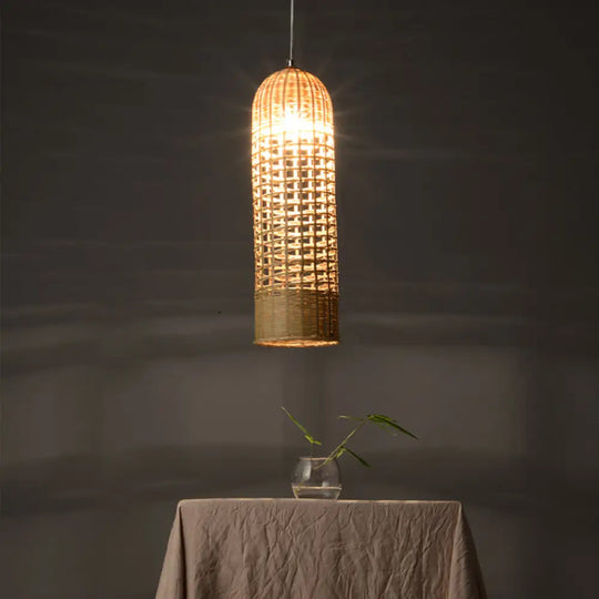 Beige Bamboo Asian Pendant Lamp - Cylinder Hanging Ceiling Light