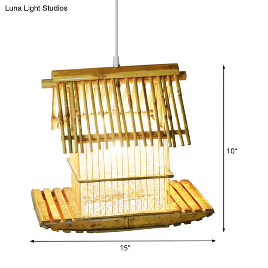 Beige Bamboo Boat Pendant Light Fixture - Asian 1-Head Hanging Lamp