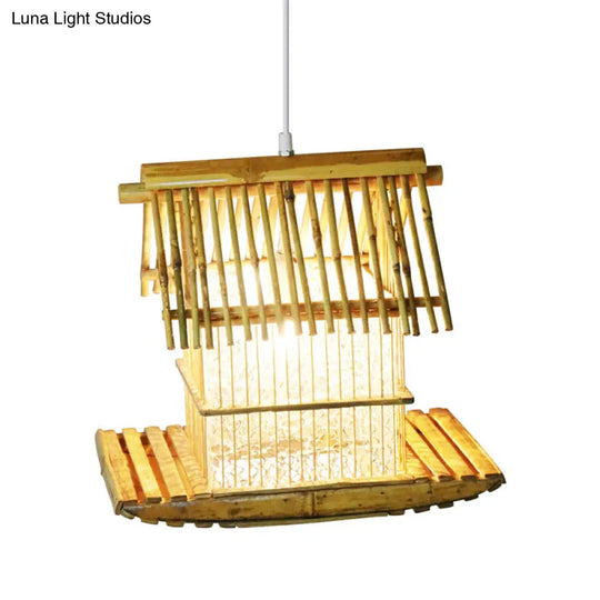 Beige Bamboo Boat Pendant Light Fixture - Asian 1-Head Hanging Lamp