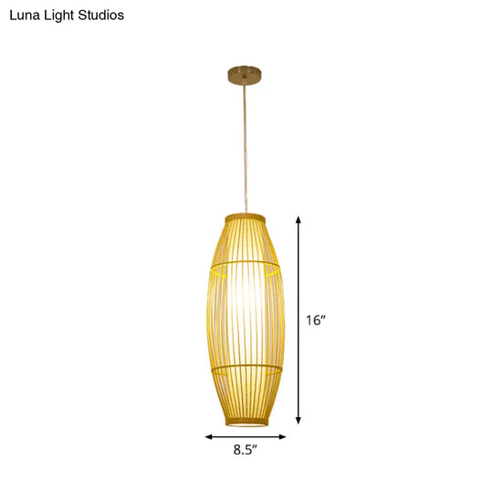 Beige Bamboo Hanging Lantern - Asian Style Pendant Light 1-Light Elongated Oval/Barrel Drop